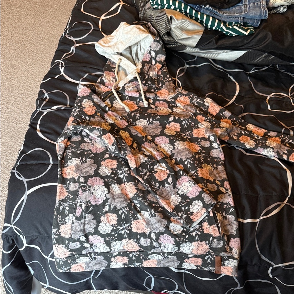 Floral Zip-Up Hoodie with Drawstring